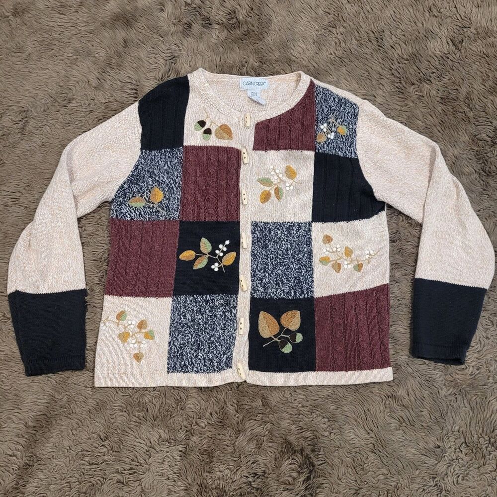 Vintage Cabin Creek Fall Sweater Size Small Toggle Cottagecore Leaves Patchwork